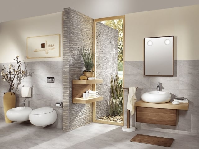 décoration salle de bain bois pierre