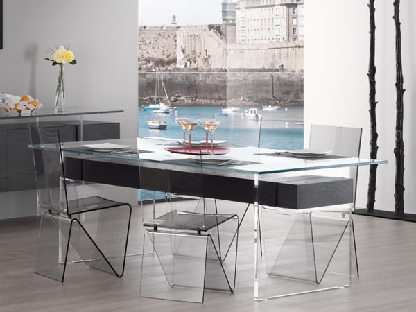 Chaise salle manger couleur acryliques transparents table bois gris verre