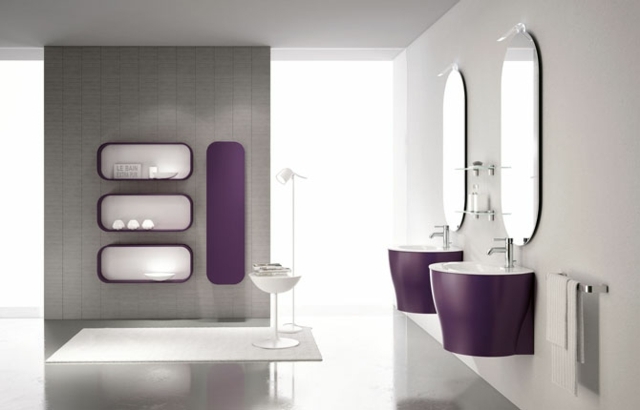 meubles salle de bains suspendus en violet en formes arrondies