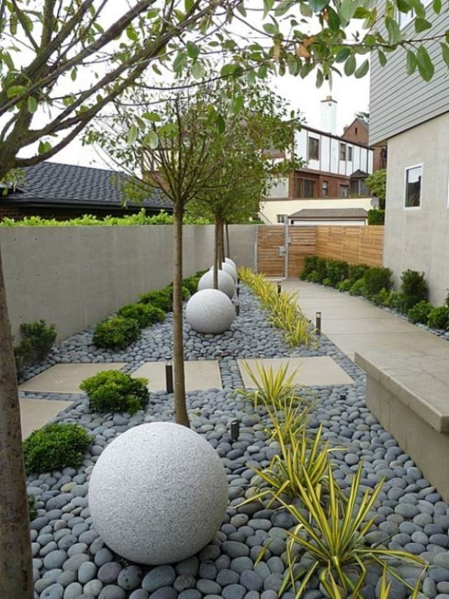 Jardin moderne avec du gravier dcoratif, galets et plantes