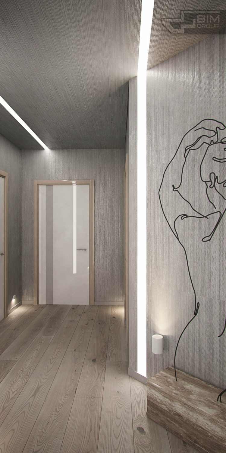Meubles gris et matériaux naturels dans l'intérieur design