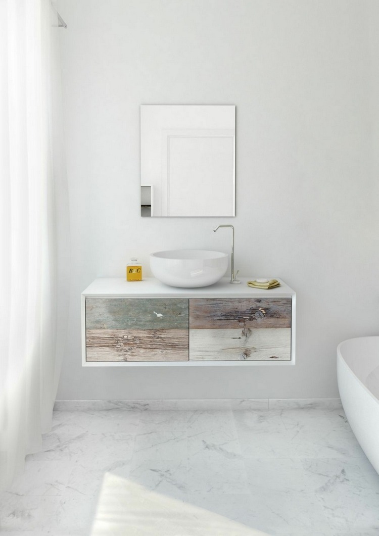 Meuble vasque salle de bain en bois patiné et blanc mat