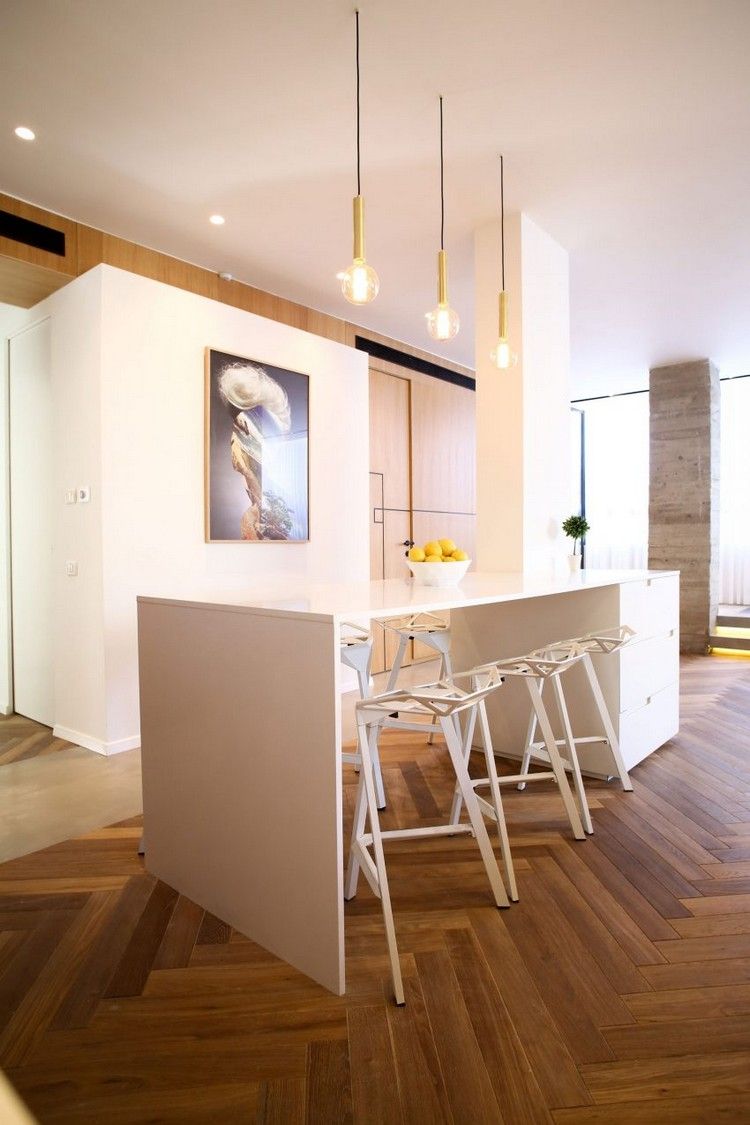 Cuisine sans poignée et parquet à bâtons rompus d'un appartement ...