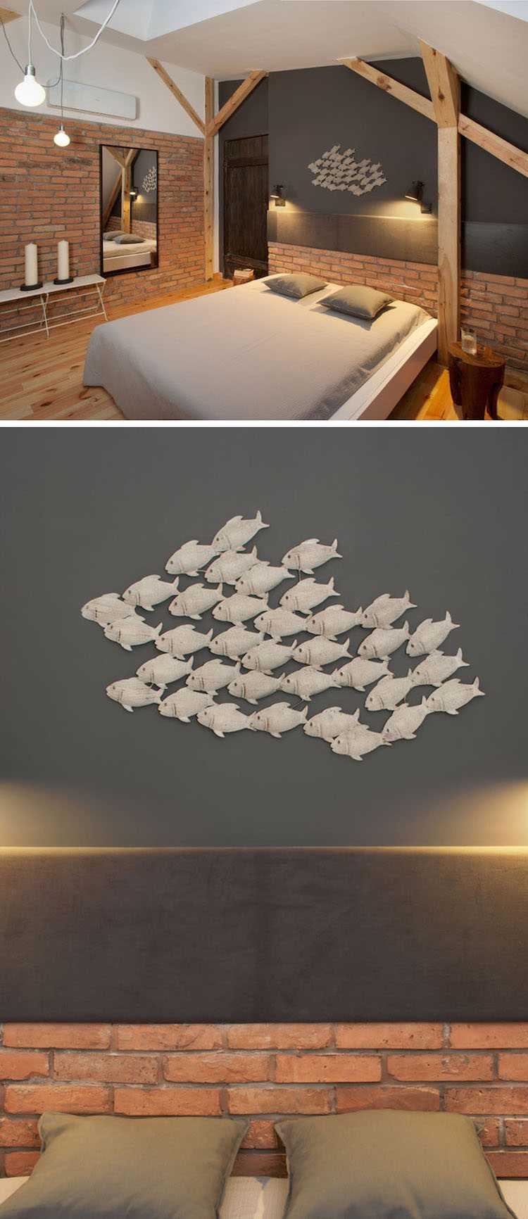 Déco en poutres apparentes et briques exposées dans un loft en pologne