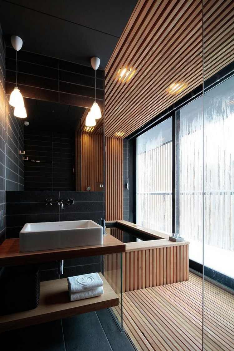 Salle de bain noir et bois en 20 idées d'aménagement trendy