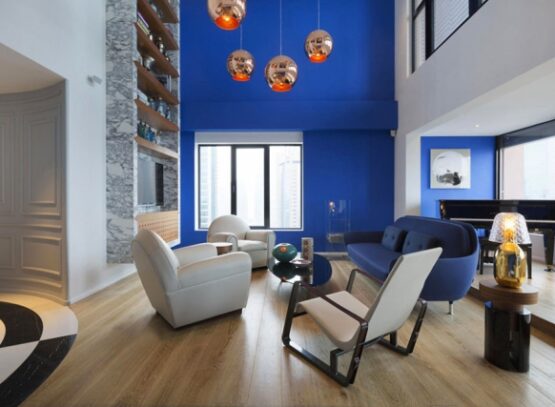 appartement-cinq-pièces-luxe-fauteils-cuir-canapé-bleu-lampes