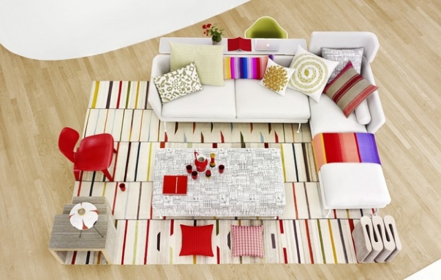canapé blanc chaise plastique rouge tapis multicolore