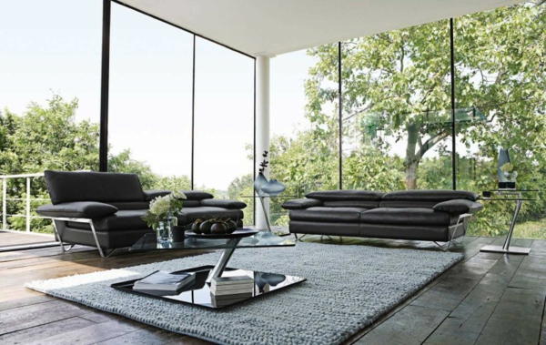 canapé-moderne-noir-cuir-tapis-poil-long meubles de salon