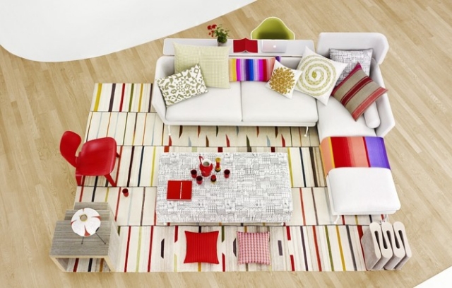 canapé-blanc-chaise-plastique-rouge-tapis-multicolore