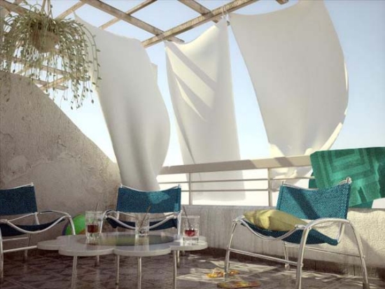 chaises-table-métal-balcon-toiles-blanches idées de décoration de balcon