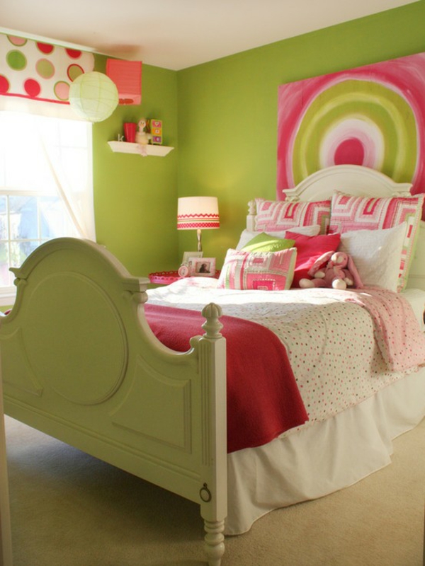chambre ado fille-style-frais-vert-rose-lit