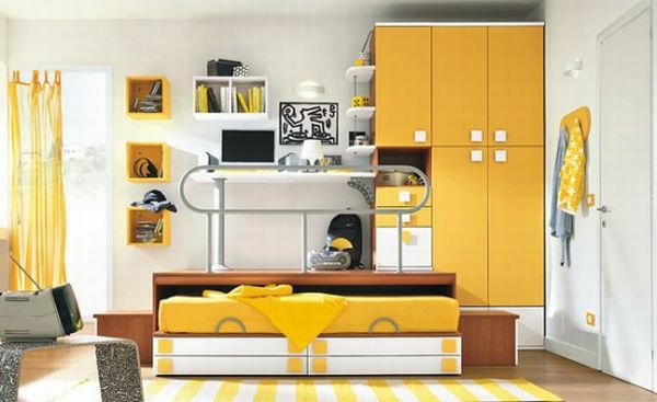 chambre ado conception-neutre-jaune-lit-placard-bureau
