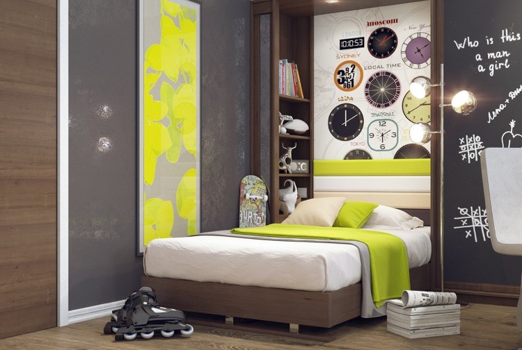chambre d'un garçon adolescent -armoire-intégrée-accents-vert-néon