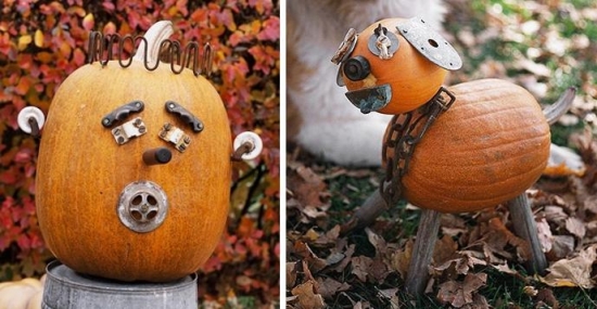 décoration-créative-citrouille-Halloween-ferrailles-chat-éléments-métalliques