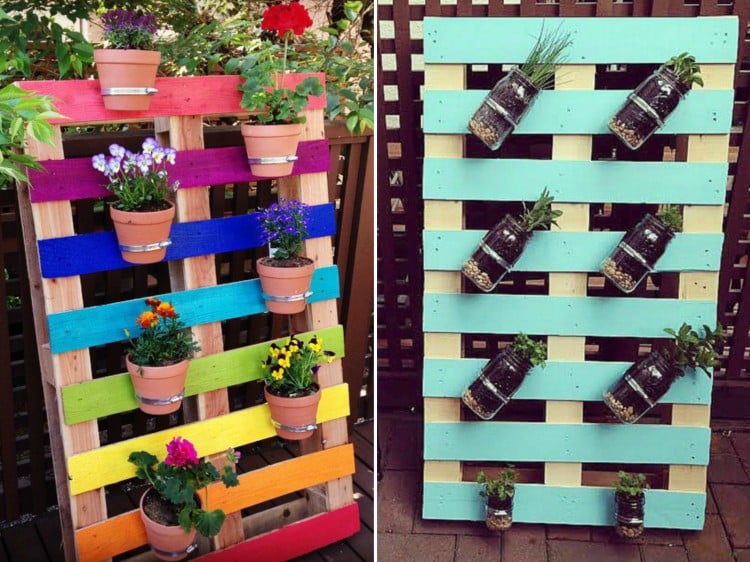décoration de jardin -supports-muraux-pots-fleurs-palettes-bois