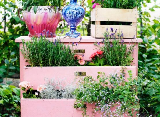 décoration de jardin -commode-ancienne-rose-pastel-jardinière