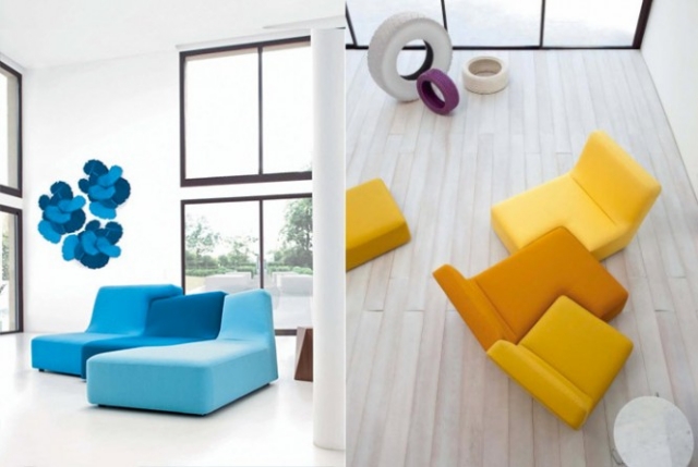 fauteuils bleu jaune décoration pneus colorés meubles de salon modernes
