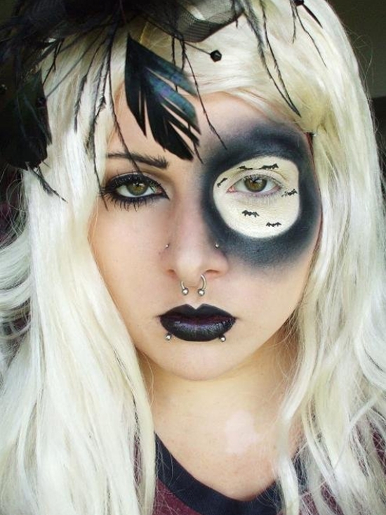 idée-maquillage-d`Halloween-agrandissement-oeil-rouge-lèvres-noir