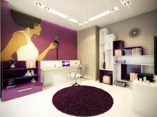 idees-deco plafond-moderne-petits-lamps-murs-violets