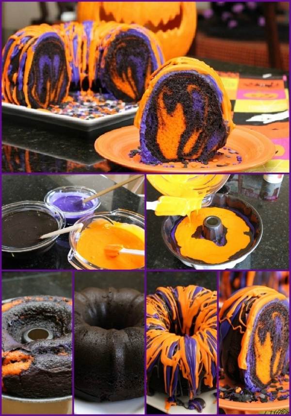 idée-originale-gâteau-d`Halloween-orange-bleue-noir