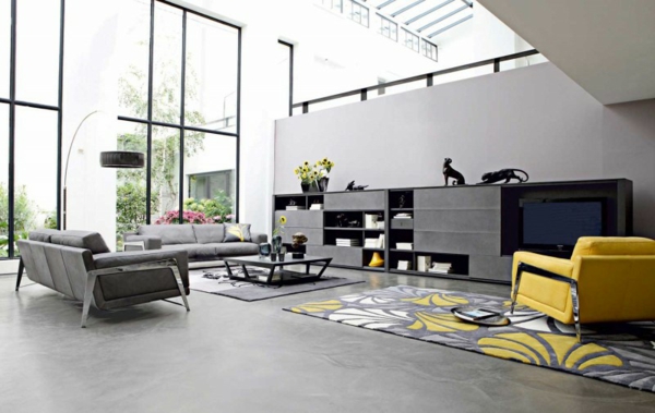 modernes-meubles-canapé-gris-fauteuil-jaune