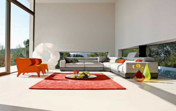 salon-meubles-design-canapé-blanc-fauteuls-orange meubles de salon