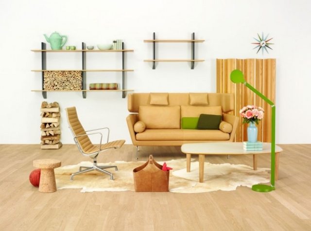 sofa marron clair fauteuil table bois moderne canapé design