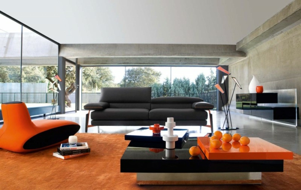 sofa-moderne-cuir-noir-table-design-orange-noir