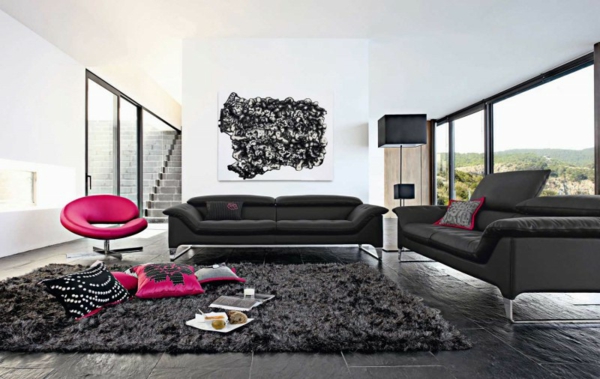 sofa-moderne-cuir-noir-tapis-poil-long