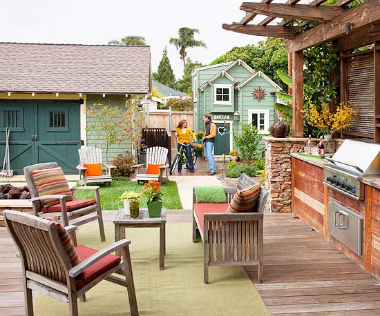 terrasse de jardin pergola-cuisine-extérieure-bois-briques