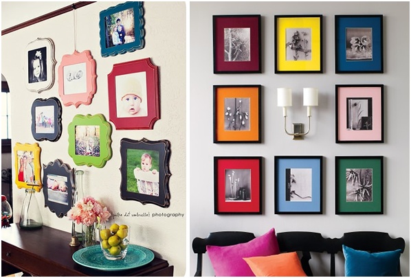 accrocher les cadres photos familiales multicolores-vintage-rétro