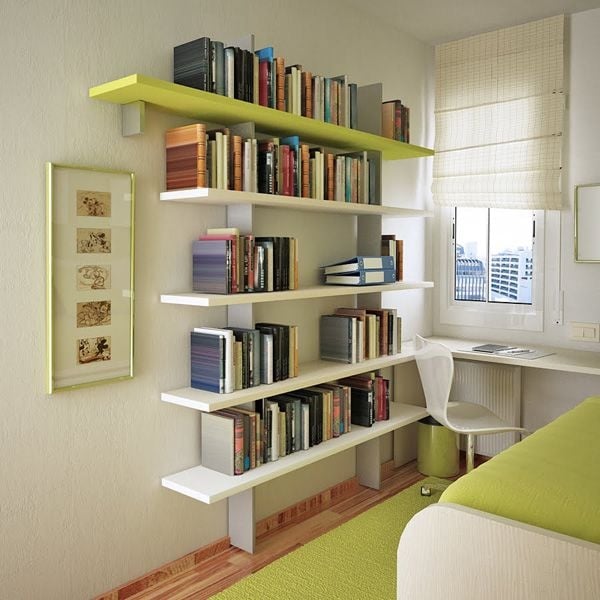 adolescent-jaune-vert-étagère-tapis mobilier pour la petite chambre d'ado