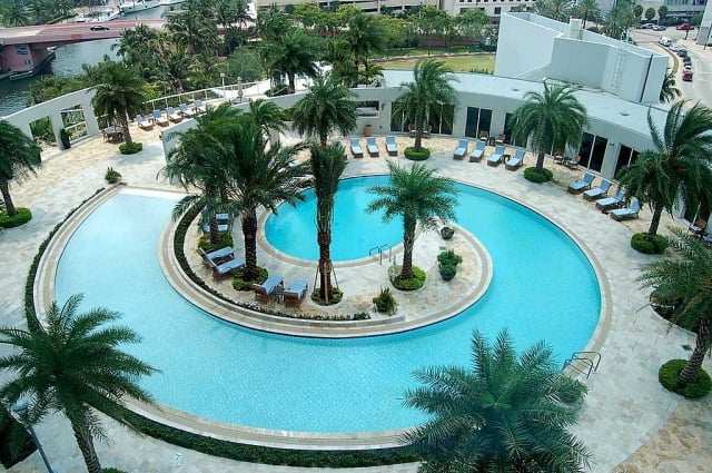 aménagement de piscine forme-spirale-palmiers-exotisme