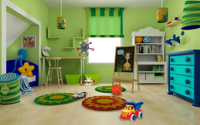 aménagement pour une chambre d`enfant couleurs-vert-bleu