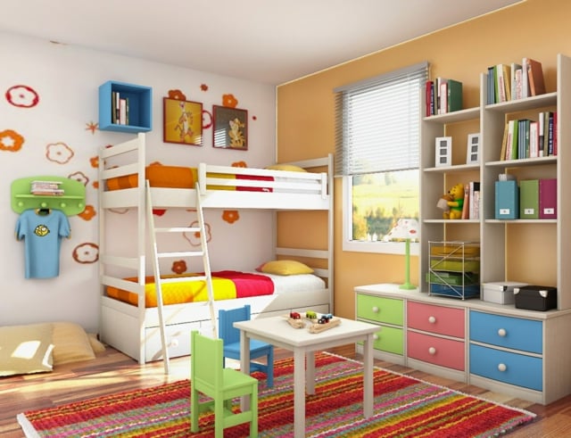 aménagement pour une chambre d`enfant décoration-murale-fleurs-lits-superposés