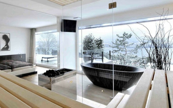 aménagemen salle de bains moderne baignoire-îlot-noire