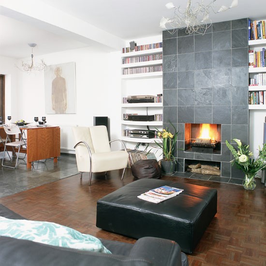 aménagement du salon style-modern-cheminée-pierre-cuir