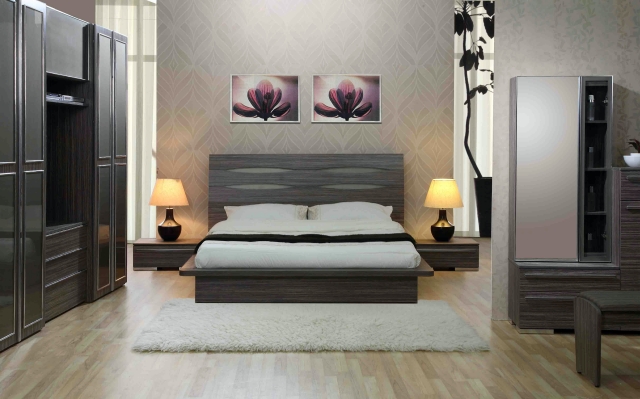 aménagement-chambre-coucher-lit-plateforme-gris aménagement chambre à coucher