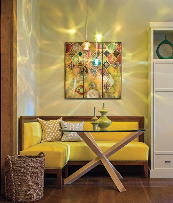aménagement salle à manger moderne canapé-confortable-jaune