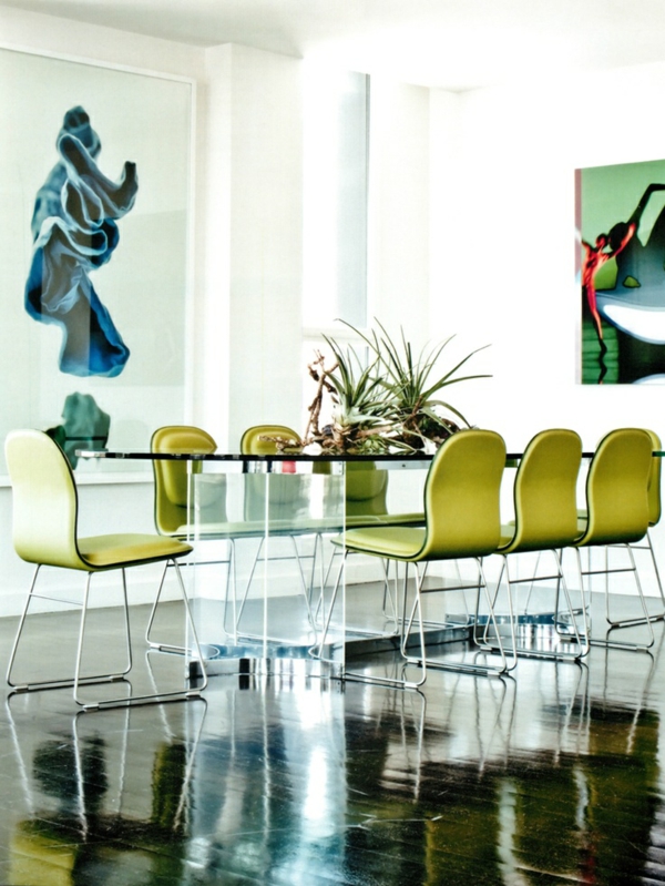 aménagement-salle-à-manger-moderne-chaises-vertes