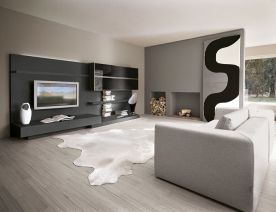 aménagement-salon-style-contemporain-murs-gris-mobilier-graphique-lignes-droites
