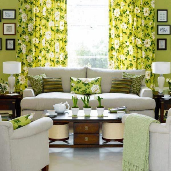 beaux-rideaux-jaunes-motifs-floraux rideaux pour la salle de séjour