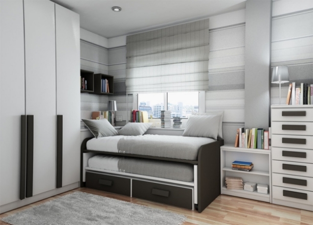 chambre-ado-gris-blanc-étagères-armoire idées pour la chambre d'ado