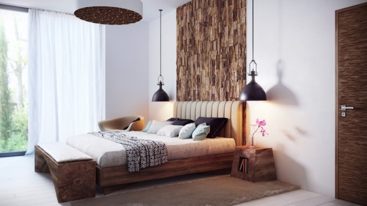 chambre-coucher-luxe-panneau-mural-bois-lit-table