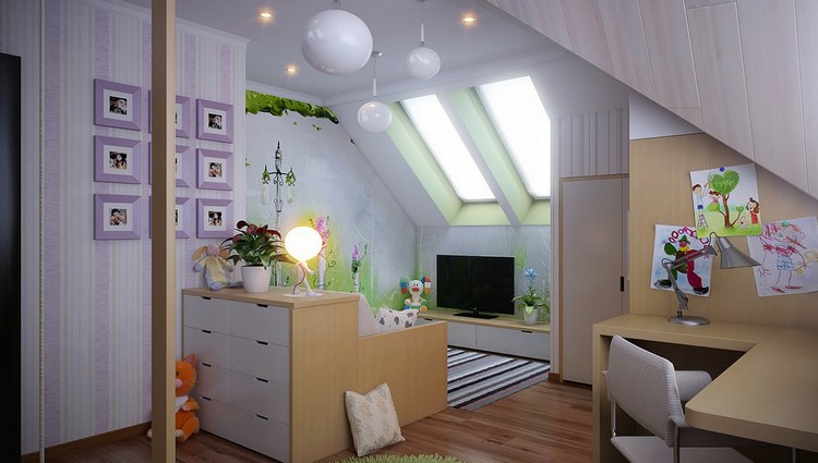 chambre d’enfant sous les combles -papiers-peints-roses-mobilier-bois-clair