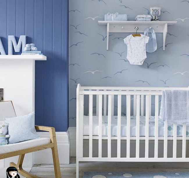 chambre de bébé moderne bleue-garcon-décoration-murale-oiseaux