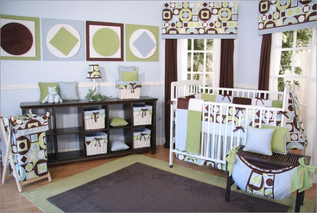 chambre de bébé moderne décoration-murale-bleu-vert-formes-originaux