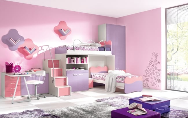 chambre d'enfant -deux-enfants-filles-lilas-rose-pastels-lits-superposés