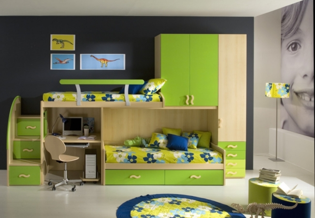 chambre-deux-enfants-neutre-lits-superposés-vert-pomme-beige-jaune-bleu