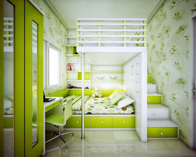 chambre-deux-plusieurs-enfants-lits-superposés-escalier-rangements-vert-lime-blanc